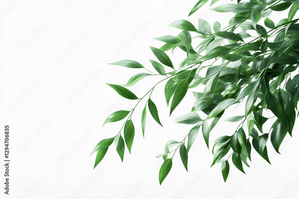 Elegant green leaves extend from the top right against a white background. This minimalistic botanical image is ideal for nature themes, eco-friendly concepts, and design backgrounds. Elegant green leaves extend from the top right against a white background. This minimalistic botanical image is ideal for nature themes, eco-friendly concepts, and design backgrounds.