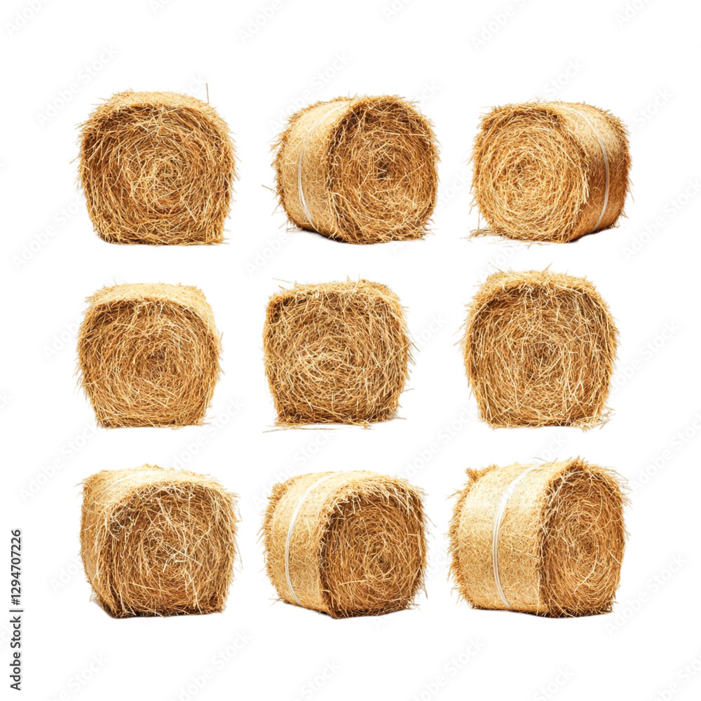 Nine golden hay bales arranged neatly rustic charm and harvest abundance Nine golden hay bales arranged neatly rustic charm and harvest abundance