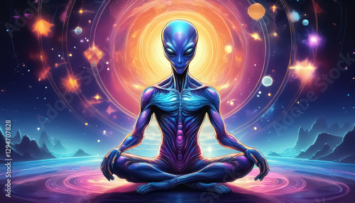 Mystical Alien Meditating in Cosmic Landscape with Radiant Aura