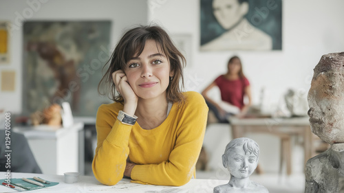 Young woman sculptor rests her face on her hand and analyzes a clay bust in her art studio, with warm light and another artist working in the background