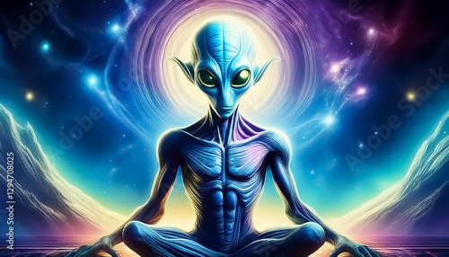 Mystical Alien Meditating in Cosmic Landscape with Radiant Aura