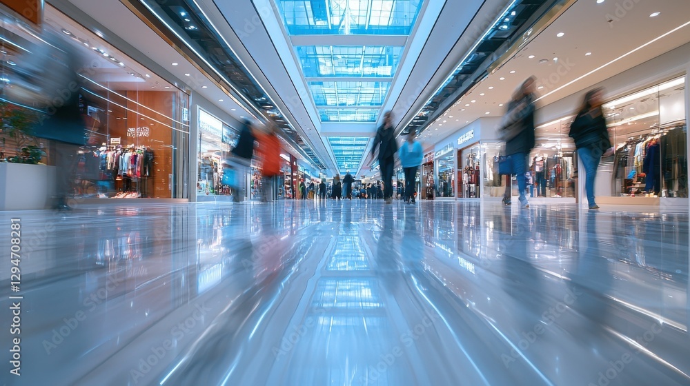 Blurred motion of shoppers in a bright, modern shopping mall. The shiny floor reflects the light and movement. Blurred motion of shoppers in a bright, modern shopping mall. The shiny floor reflects the light and movement.