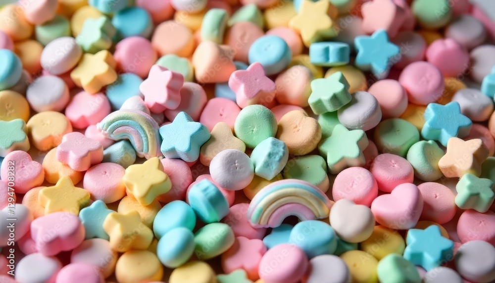A vibrant and whimsical close-up of assorted pastel marshmallow candies A vibrant and whimsical close-up of assorted pastel marshmallow candies