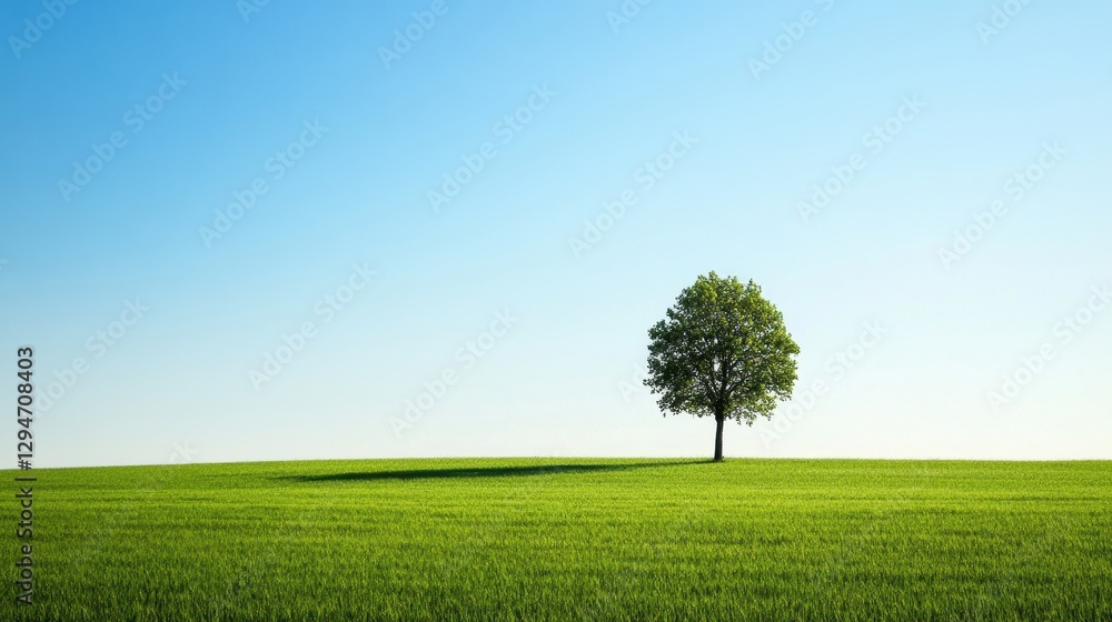 A solitary green tree stands majestically on a vibrant grassy field beneath a clear blue sky. A solitary green tree stands majestically on a vibrant grassy field beneath a clear blue sky.