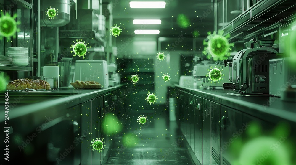 Fototapeta premium A dark, moody image of a commercial kitchen with green viruses floating throughout, suggesting contamination and unsanitary conditions. The scene is ominous and emphasizes food safety concerns.