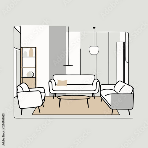Minimalist Scandinavian interior design with geometric shapes and neutral tones. room features modern aesthetic with clean lines, emphasizing simplicity and functionality
