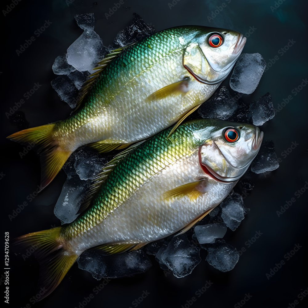 Fototapeta premium Freshly dorado fish displayed on ice, showcasing vibrant colors and fine details in a seafood market setting