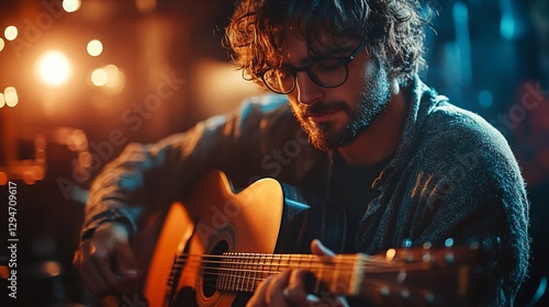 Musician plays acoustic guitar in dimly lit bar