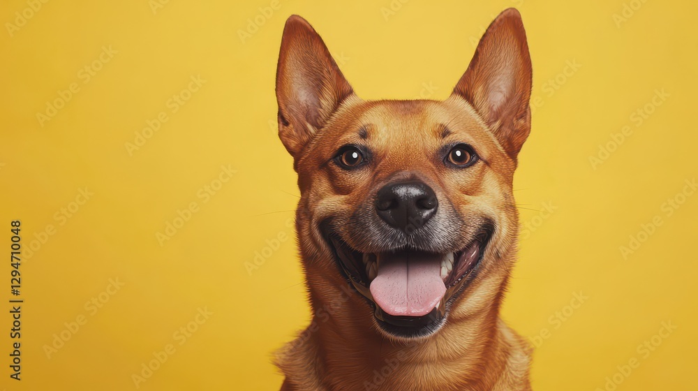 A cheerful tan dog with perked ears and a big smile against a vibrant yellow background. A cheerful tan dog with perked ears and a big smile against a vibrant yellow background.