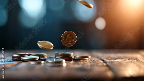 Coin drop, wooden table, finance, growth, dark background, investment