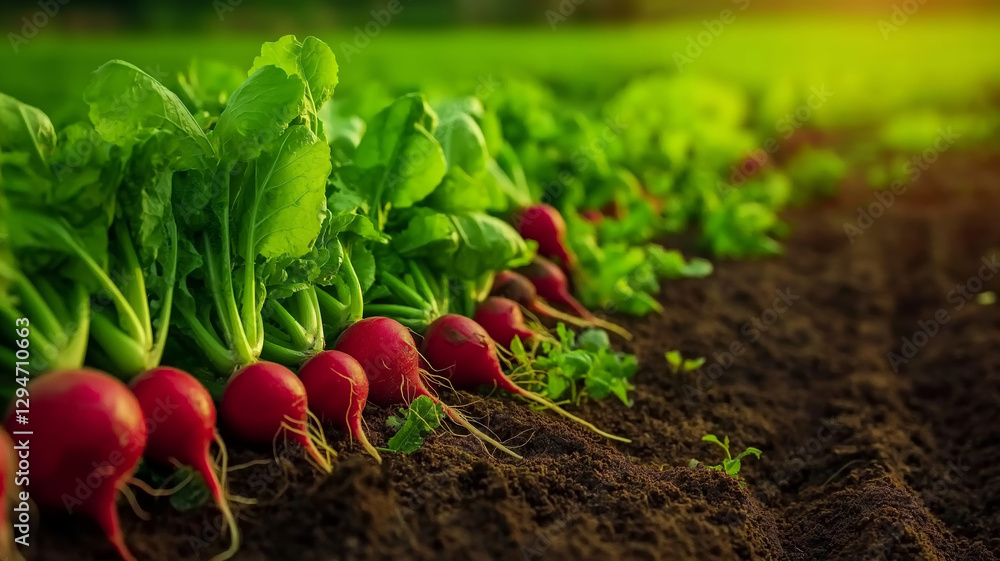Organic red radishes growing densely in dark fertile soil, representing fresh farm to table produce and sustainable gardening practices Organic red radishes growing densely in dark fertile soil, representing fresh farm to table produce and sustainable gardening practices