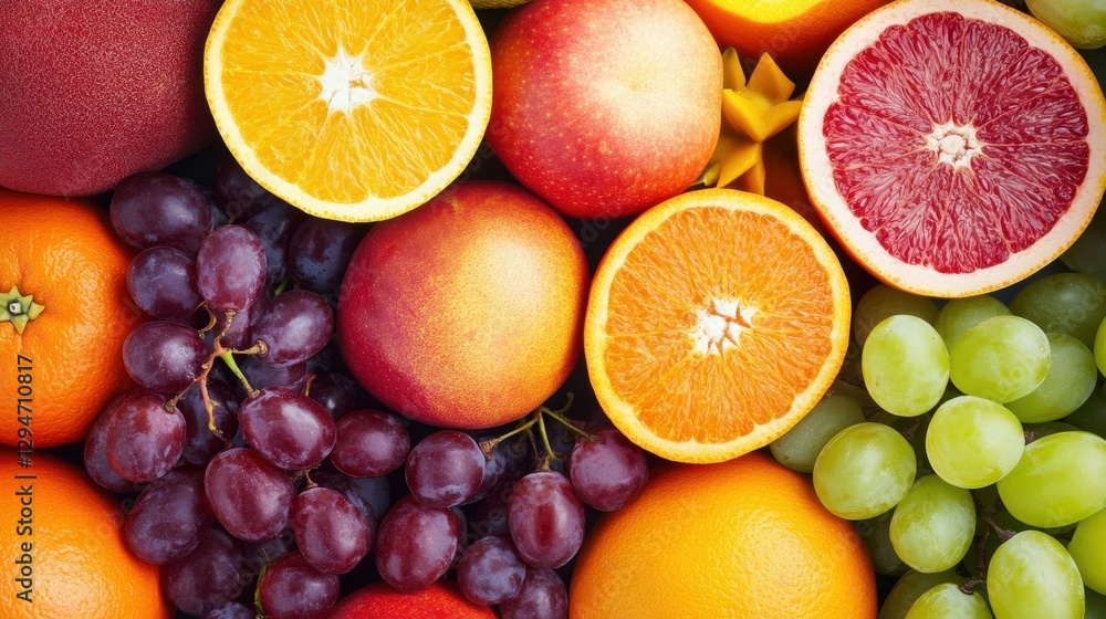 An array of vibrant fruits, including oranges, apples, grapes, and a grapefruit, showcasing their fresh colors and textures. An array of vibrant fruits, including oranges, apples, grapes, and a grapefruit, showcasing their fresh colors and textures.