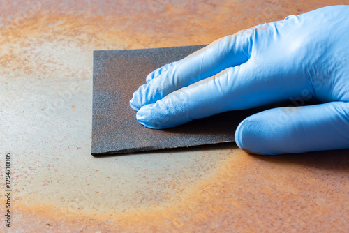 Sanding rust off sheet steel with fine grit wet and dry sandpaper.  Restoration project concept