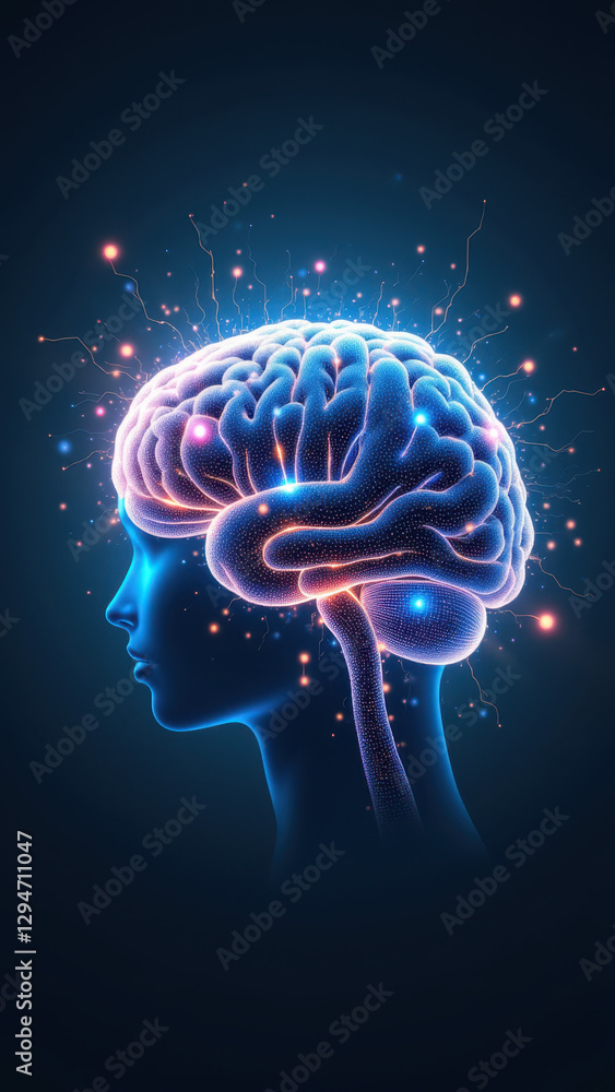 Fototapeta premium An artistic representation of artificial general intelligence with a human head filled with digital elements symbolizing data processing and AI capabilities.