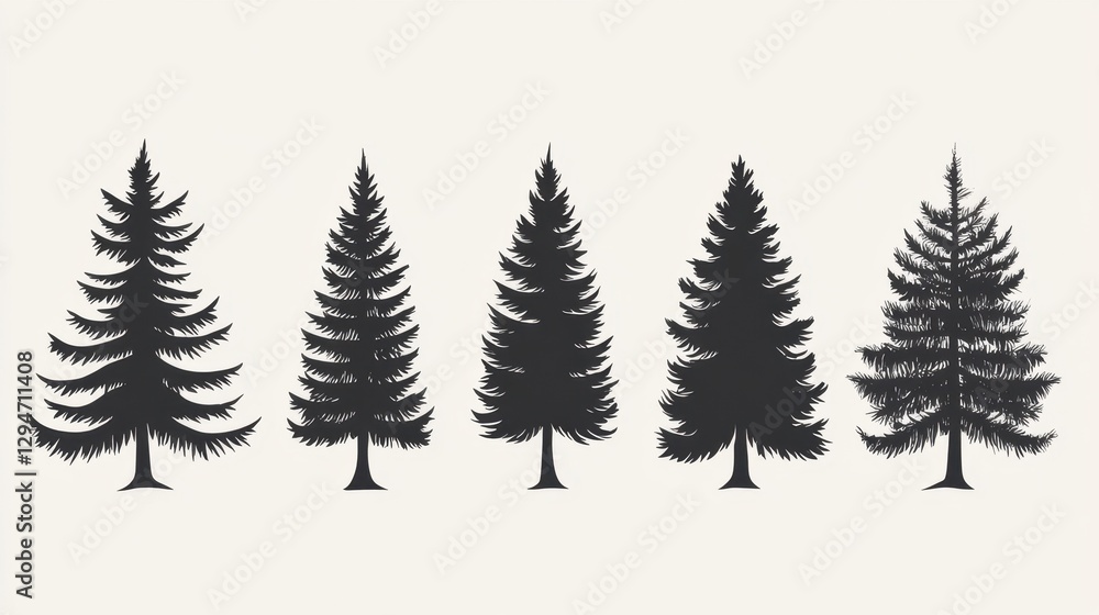Fototapeta premium Silhouettes of various evergreen trees showcasing unique shapes and sizes, perfect for nature-themed designs.