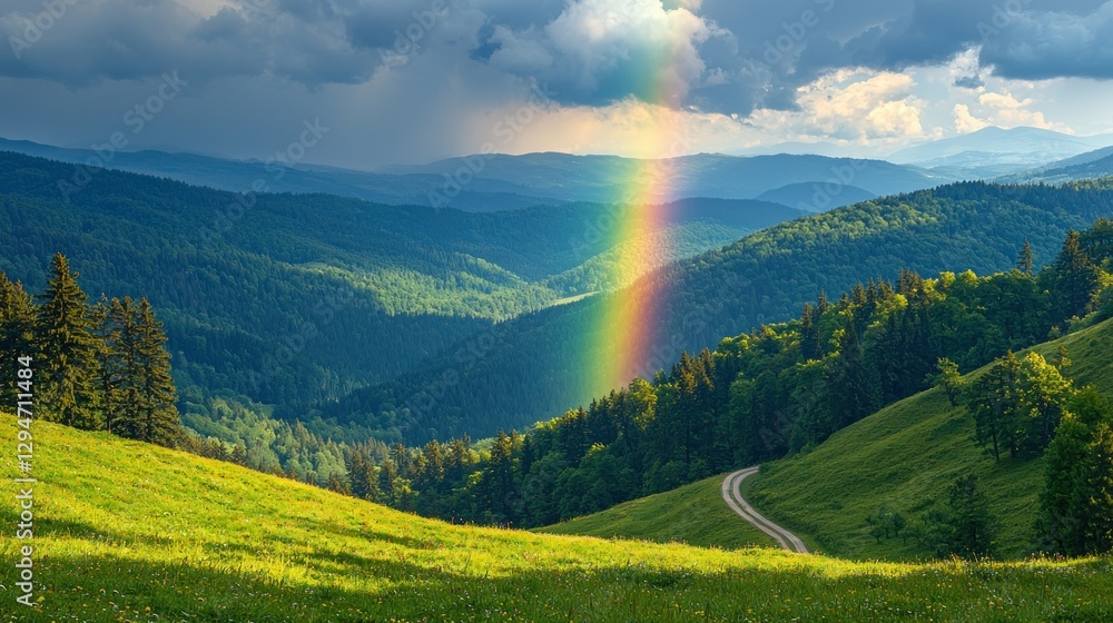 Obraz premium Mountain road, rainbow, valley, sunlit meadow, storm clouds, scenic view, travel poster, nature