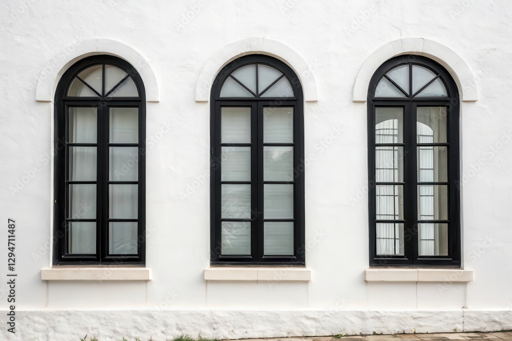 Elegant Architectural Design Featuring Three Black Framed Windows Against a White Wall Elegant Architectural Design Featuring Three Black Framed Windows Against a White Wall