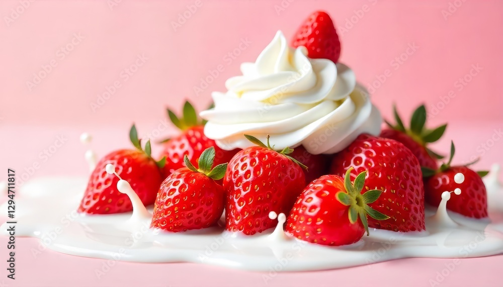 Delicious red strawberries with whipped cream on a pink background Delicious red strawberries with whipped cream on a pink background