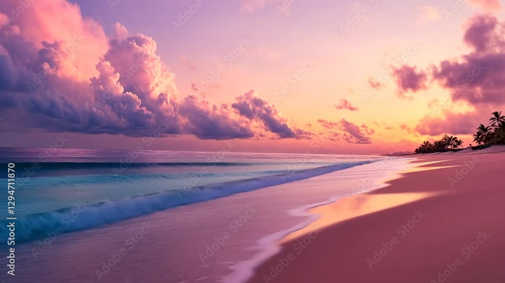 Serene Beach Scenery Featuring Gentle Waves and a Colorful Pastel Sunset Sky Serene Beach Scenery Featuring Gentle Waves and a Colorful Pastel Sunset Sky