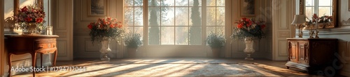 Bright Room with Large Windows and Flower Decorations. Generative AI photo