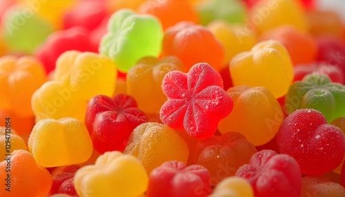 Delightful assortment of colorful gummy candies in playful shapes and vibrant hues photo