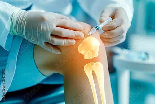 Doctor injecting medication into patient's knee for osteoarthritis treatment photo