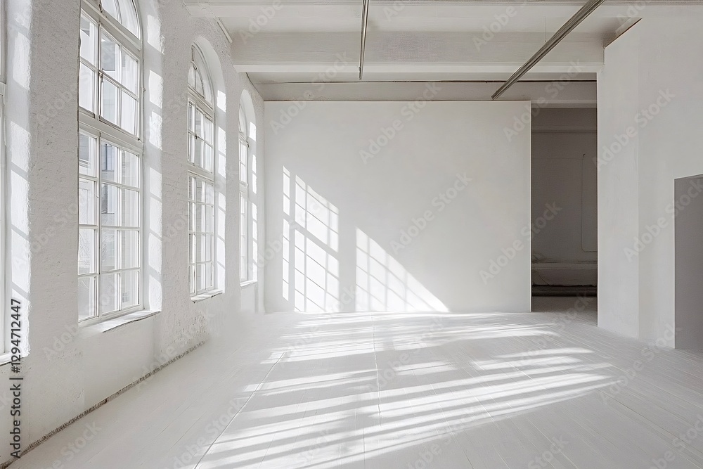 Obraz premium Empty white room with arched windows and sunlight casting shadows