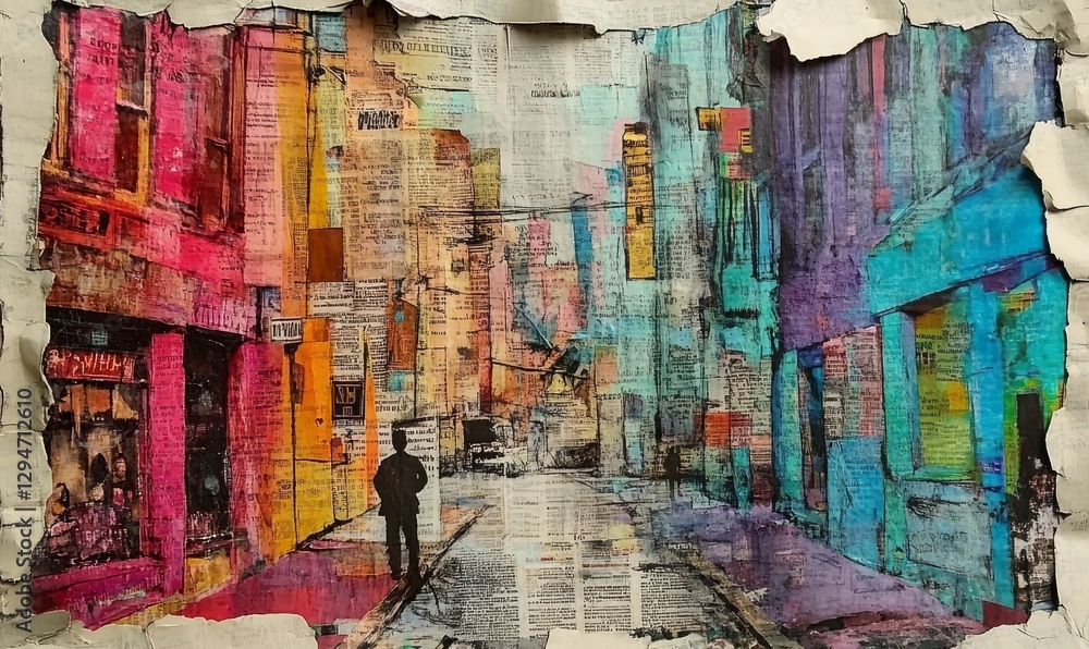 Fototapeta premium Colorful abstract cityscape with textured street and lone silhouette.