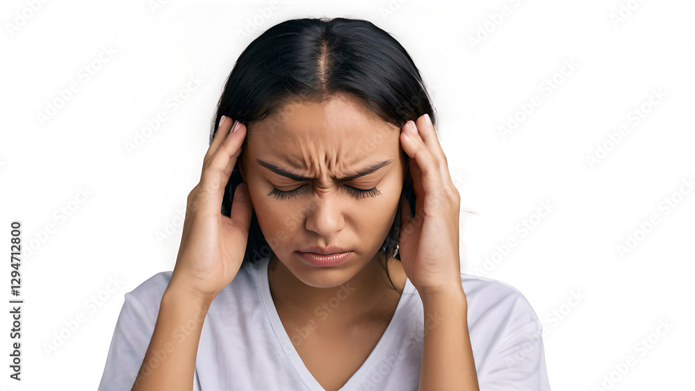 Young Woman Holding Temples in Pain, Suffering from Headache (Transparent Background) Young Woman Holding Temples in Pain, Suffering from Headache (Transparent Background)