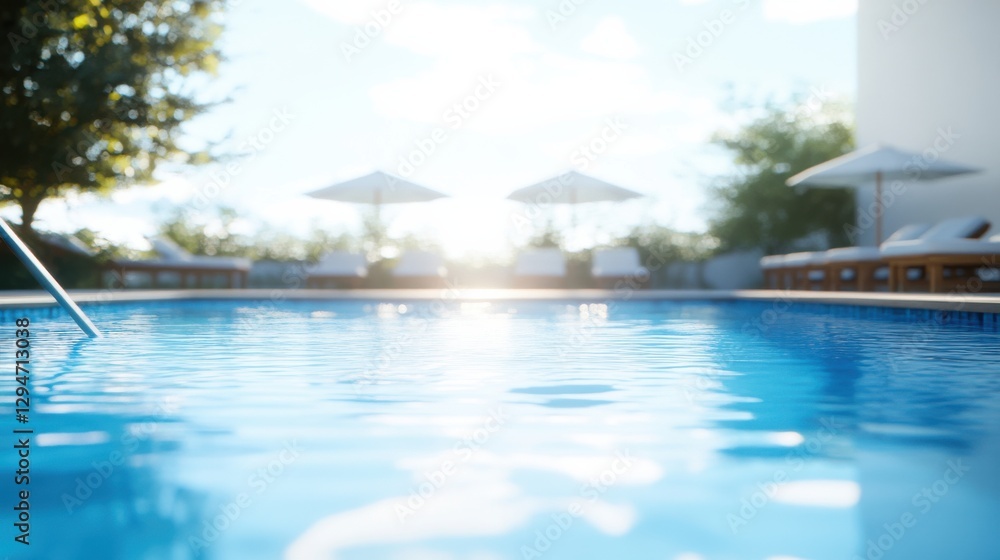 Fototapeta premium Tranquil Swimming Pool Surrounded by Lush Greenery and Sunlight