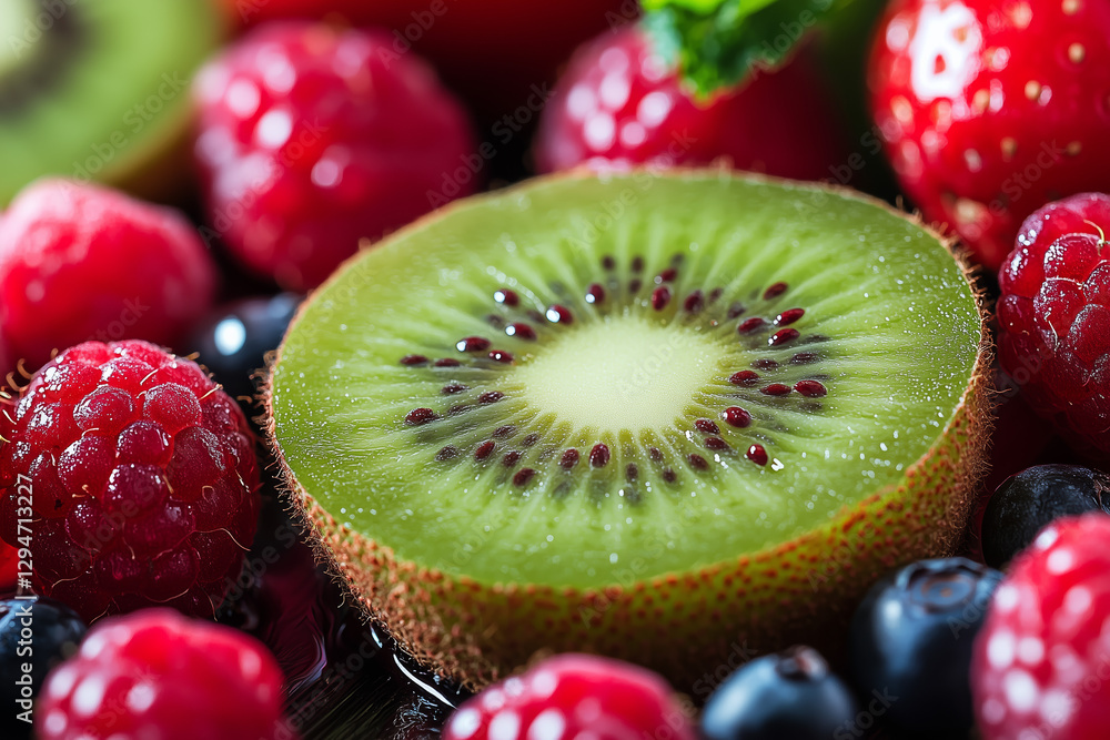 Vibrant assorted different fruits with juicy kiwi and fresh berries around. Healthy nutrition and diet concept background. Vibrant assorted different fruits with juicy kiwi and fresh berries around. Healthy nutrition and diet concept background.