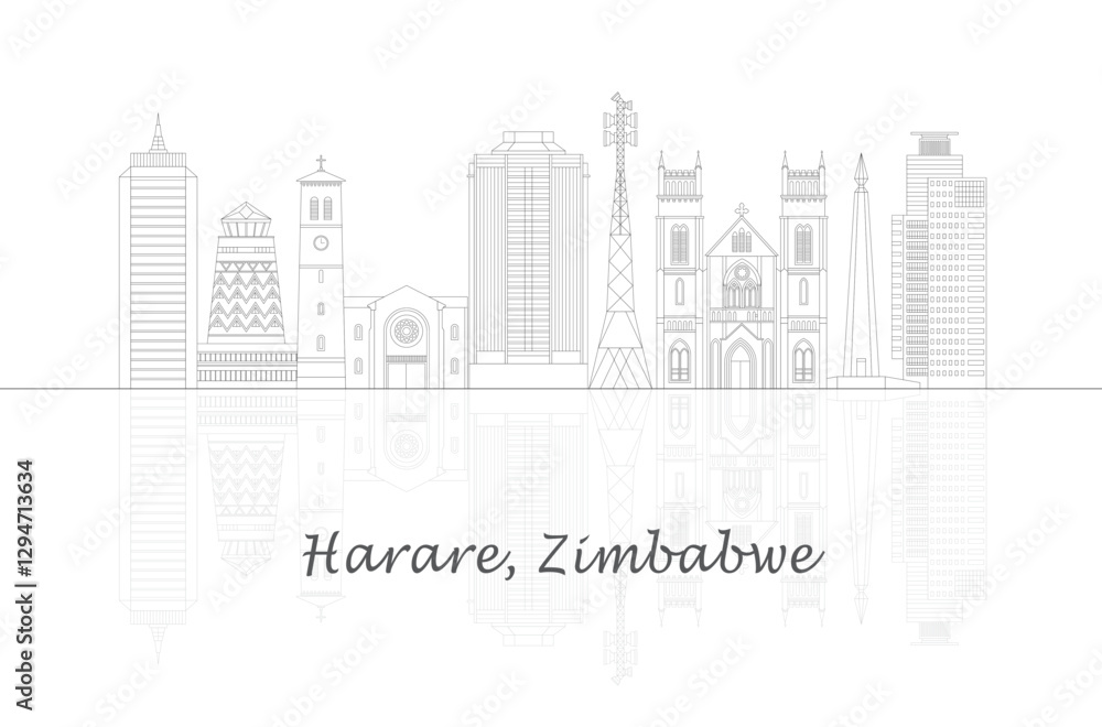 Naklejka premium Outline Skyline panorama of city of Harare, Zimbabwe - vector illustration