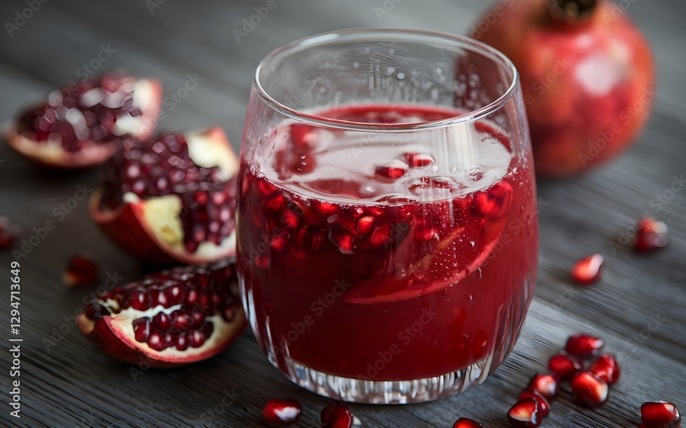 Refreshing pomegranate drink with jewel-like arils. A vibrant and healthy beverage option, perfect for a revitalizing treat on a wooden surface. Refreshing pomegranate drink with jewel-like arils. A vibrant and healthy beverage option, perfect for a revitalizing treat on a wooden surface.