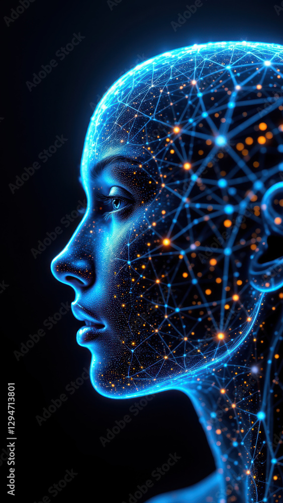 Obraz premium A digital illustration of a human head with neural network connections in blue, signifying artificial general intelligence.