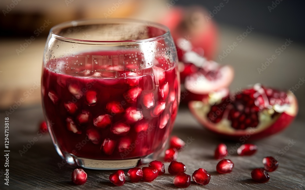 Refreshing pomegranate juice fills a glass, surrounded by pomegranate seeds and a sliced fruit on a rustic wooden table. Refreshing pomegranate juice fills a glass, surrounded by pomegranate seeds and a sliced fruit on a rustic wooden table.