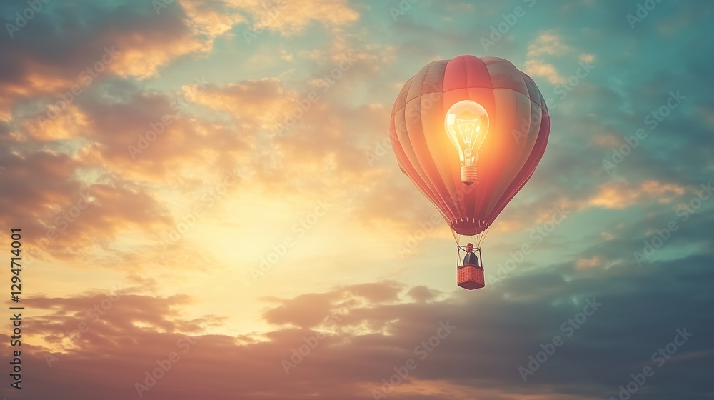 Naklejka premium Man in hot air balloon. Innovation is the key to a successful solution to improve creativity. Businessman and open minded leader in a balloon. A person in a hot air balloon lifestyle.