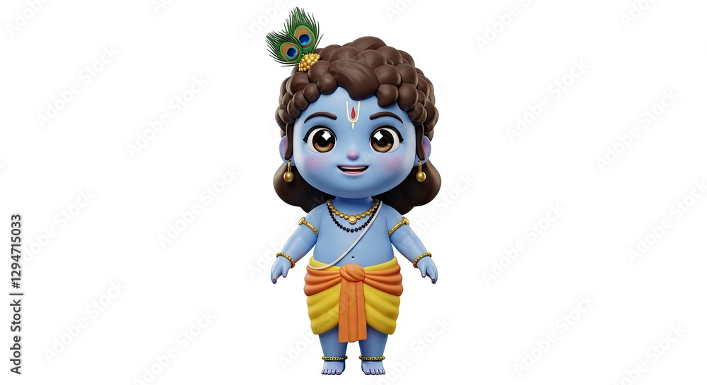 Cute Little Krishna Cartoon Character with Peacock Feather Illustration Cute Little Krishna Cartoon Character with Peacock Feather Illustration