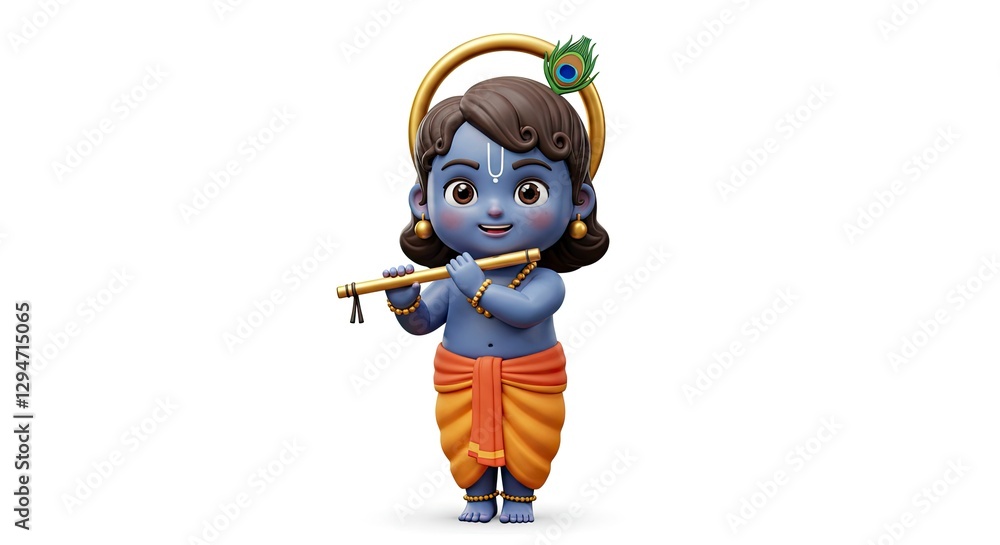 Cartoon Lord Krishna Playing Flute with Peacock Feather on White Background Cartoon Lord Krishna Playing Flute with Peacock Feather on White Background