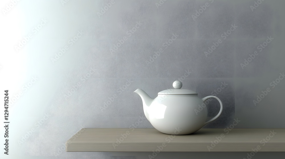 Elegant white teapot on a minimalist wooden shelf against a softly textured wall background Elegant white teapot on a minimalist wooden shelf against a softly textured wall background