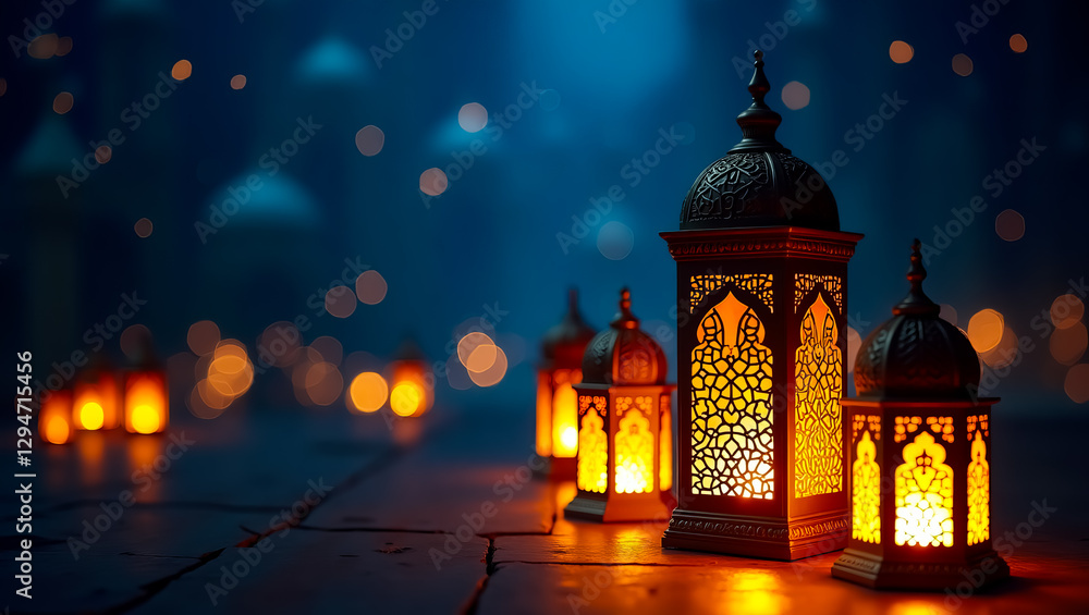 Fototapeta premium Glowing Ramadan Lanterns Festive Night Scene Warm Lights Illuminated Ornate Metal Arabic Design Traditional Festive Celebration Background Islamic 