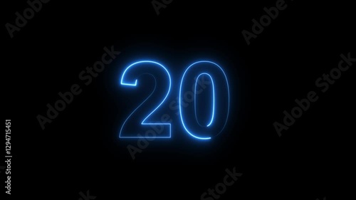 Glowing neon light digital number 20. light cyan color symbol, seamless loop animation on black background, Educational mathematics concept with neon letter 20 digit with alpha channel .