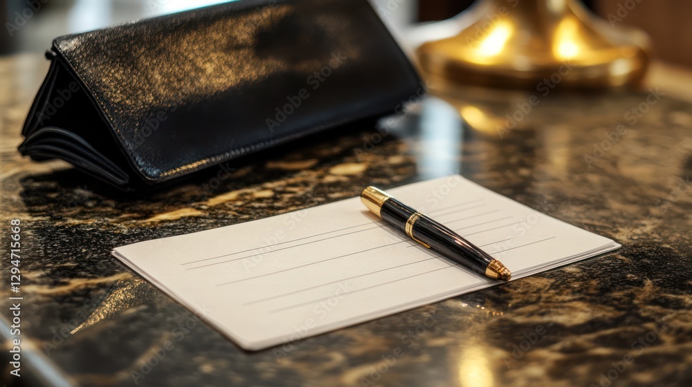 Elegant pen and blank note on luxurious marble surface Elegant pen and blank note on luxurious marble surface