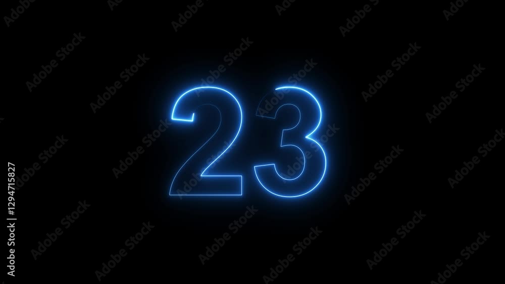 Glowing neon light digital number 23. light cyan color symbol, seamless loop animation on black background, Educational mathematics concept with neon letter 23 digit with alpha channel . Glowing neon light digital number 23. light cyan color symbol, seamless loop animation on black background, Educational mathematics concept with neon letter 23 digit with alpha channel .