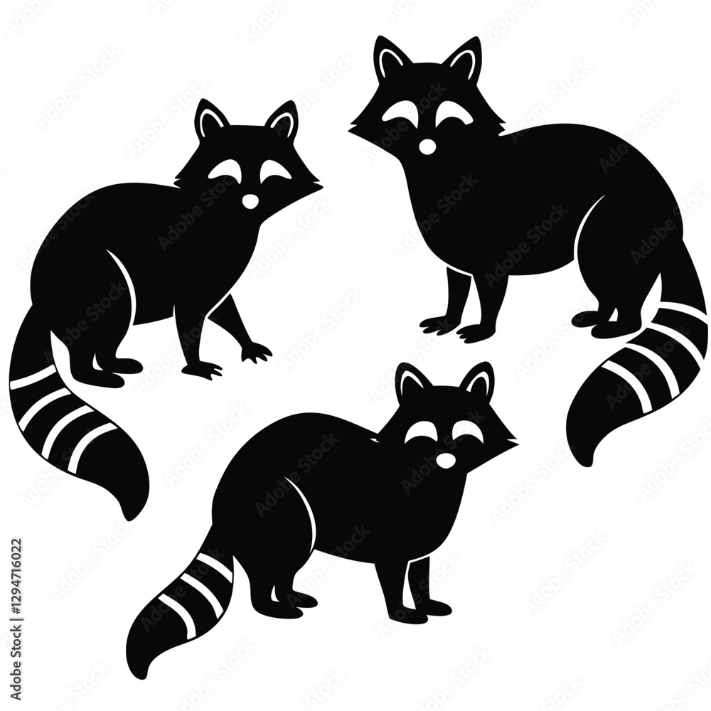 Fototapeta premium Playful Raccoons in Black and White Silhouette Clipart Vector Collection set 