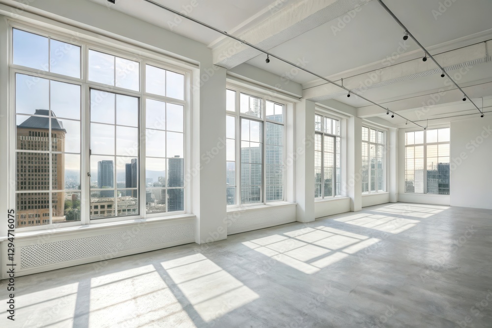 Obraz premium Spacious Modern Office Featuring Urban Views Through Expansive Glass Windows and Abundant Natural Light