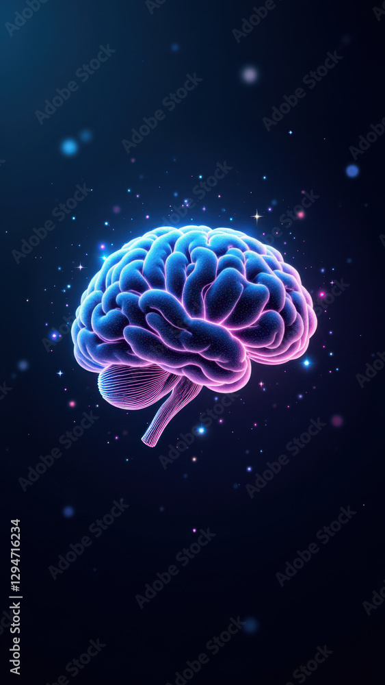 Obraz premium A futuristic AI representation with a stylized human brain floating in space against a dark background filled with stars.