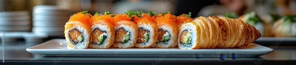 Sushi Rolls and Croissant-Waffle Pairing on Elegant Plates. Generative AI Sushi Rolls and Croissant-Waffle Pairing on Elegant Plates. Generative AI