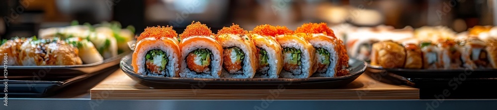 Sushi Rolls with Salmon and Toppings on Elegant Plates. Generative AI Sushi Rolls with Salmon and Toppings on Elegant Plates. Generative AI