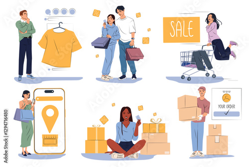 People shopping online, flat graphic style, on white background. Concept of e-commerce, online retail, and delivery services. Vector illustration