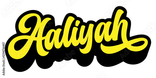 Name Aaliyah written in retro groovy script lettering with long shadow effect	